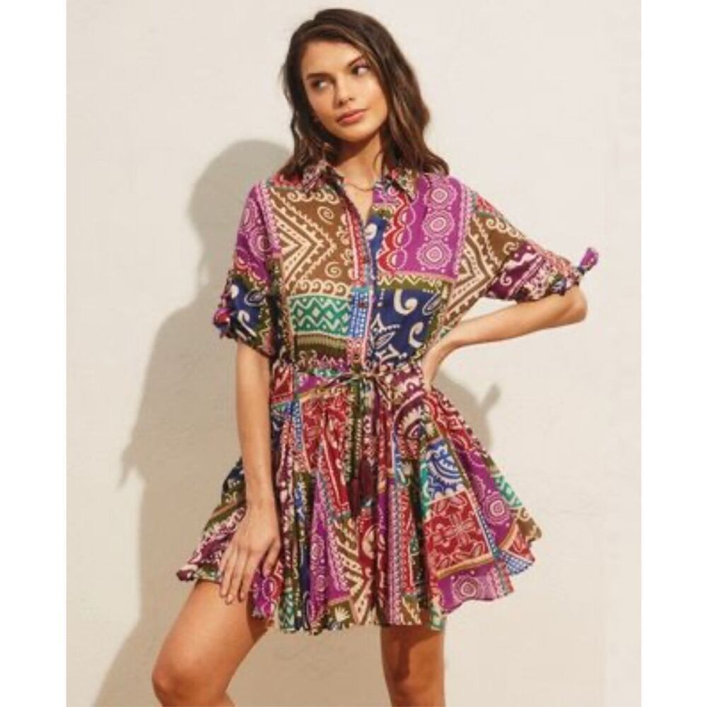 Dress Forum Womens Patchwork Paisley Flared Hem Mini Dress Multicolor‎ Small NWT